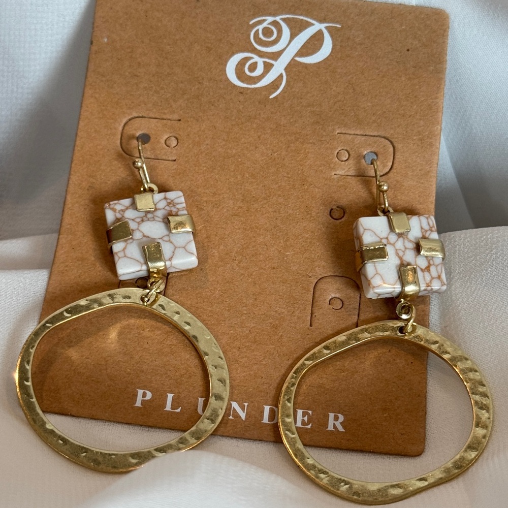 Plunder Gold and White Marble-Effect Hammered Hoop Drop Earrings